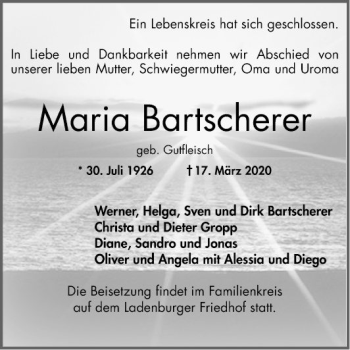 Traueranzeige von Maria Bartscher von Mannheimer Morgen