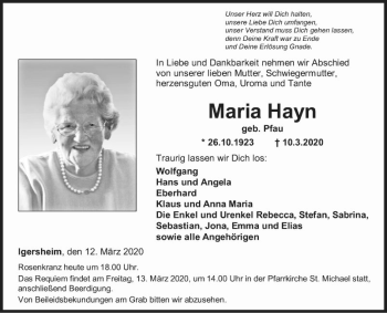 Traueranzeige von Maria Hayn von Fränkische Nachrichten