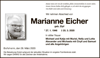 Traueranzeige von Marianne Eicher von Fränkische Nachrichten