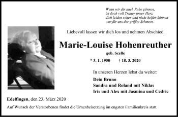 Traueranzeige von Marie-Louise Hohenreuther von Fränkische Nachrichten