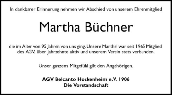 Traueranzeige von Martha Büchner von Schwetzinger Zeitung
