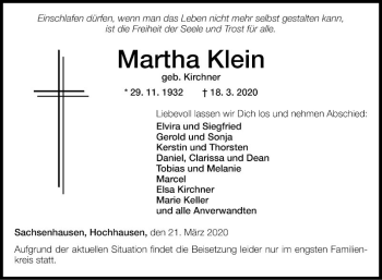 Traueranzeige von Martha Klein von Fränkische Nachrichten