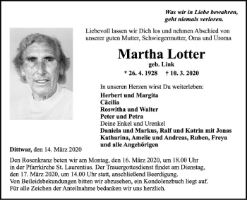 Traueranzeige von Martha Lotter von Fränkische Nachrichten