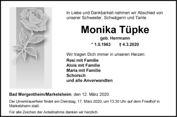 Traueranzeige von Monika Tüpke von Fränkische Nachrichten