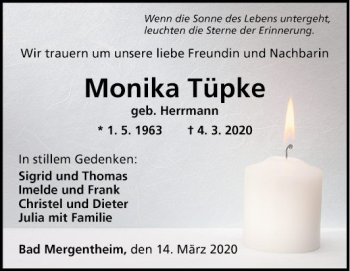 Traueranzeige von Monika Tüpke von Fränkische Nachrichten