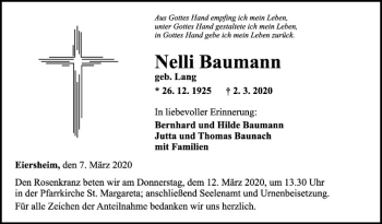 Traueranzeige von Nelli Baumann von Fränkische Nachrichten