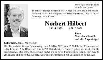 Traueranzeige von Norbert Hilbert von Fränkische Nachrichten