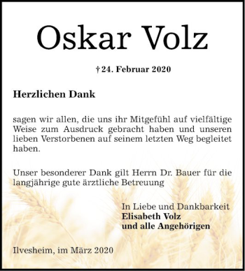 Traueranzeige von Oskar Volz von Mannheimer Morgen