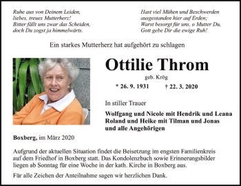 Traueranzeige von Ottilie Thron von Fränkische Nachrichten