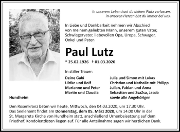 Traueranzeige von Paul Lutz von Fränkische Nachrichten