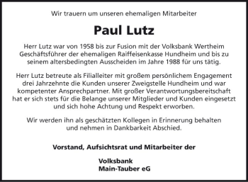 Traueranzeige von Paul Lutz von Fränkische Nachrichten