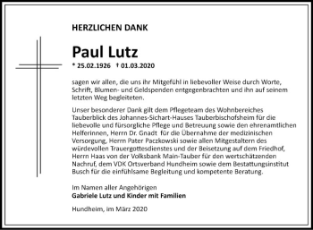 Traueranzeige von Paul Lutz von Fränkische Nachrichten