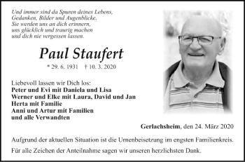 Traueranzeige von Paul Staufert von Fränkische Nachrichten