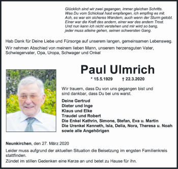 Traueranzeige von Paul Ulmrich von Fränkische Nachrichten