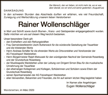 Traueranzeige von Rainer Wollenschläger von Fränkische Nachrichten