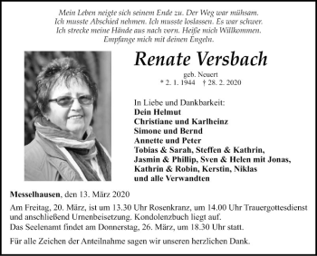 Traueranzeige von Renate Versbach von Fränkische Nachrichten