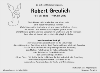 Traueranzeige von Robert Greulich von Fränkische Nachrichten