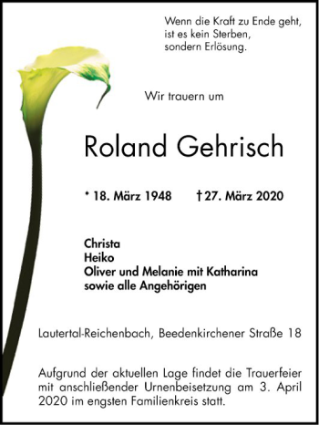 Traueranzeige von Roland Gehrisch von Bergsträßer Anzeiger