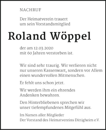 Traueranzeige von Roland Wöppel von Fränkische Nachrichten