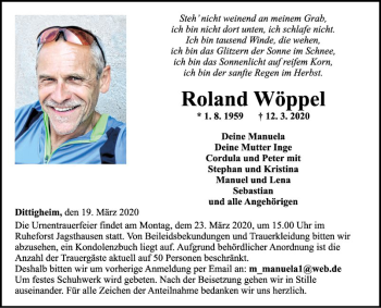 Traueranzeige von Roland Wöppel von Fränkische Nachrichten