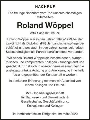 Traueranzeige von Roland Wöppel von Fränkische Nachrichten