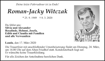 Traueranzeige von Roman-Jacky Witczak von Fränkische Nachrichten