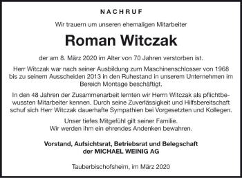 Traueranzeige von Roman Witczak von Fränkische Nachrichten