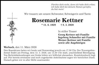 Traueranzeige von Rosemarie Kettner von Fränkische Nachrichten