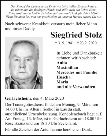 Traueranzeige von Siegfried Stolz von Fränkische Nachrichten