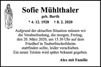 Traueranzeige von Sofie Mühlthaler von Fränkische Nachrichten
