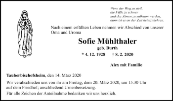 Traueranzeige von Sofie Mühlthaler von Fränkische Nachrichten
