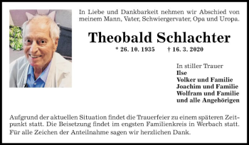 Traueranzeige von Theobald Schlachter von Fränkische Nachrichten