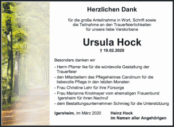 Traueranzeige von Ursula Hock von Fränkische Nachrichten