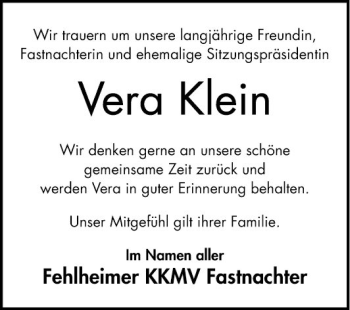 Traueranzeige von Vera Klein von Bergsträßer Anzeiger