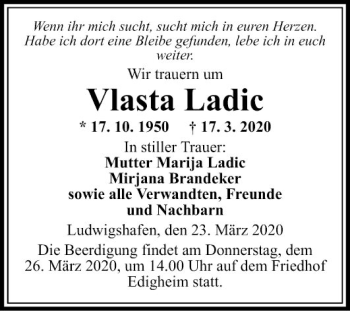 Traueranzeige von Vlasta Ladic von Mannheimer Morgen