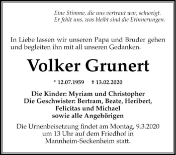 Traueranzeige von Volker Grunert von Mannheimer Morgen