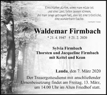 Traueranzeige von Waldemar Firmbach von Fränkische Nachrichten