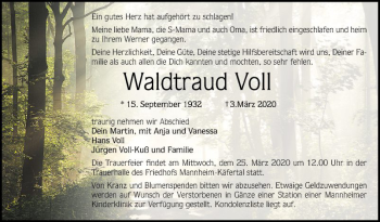 Traueranzeige von Waldtraud Voll von Mannheimer Morgen