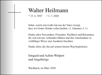 Traueranzeige von Walter Heilmann von Fränkische Nachrichten