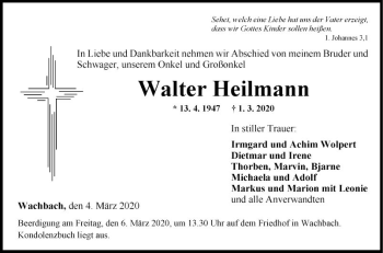 Traueranzeige von Walter Heilmann von Fränkische Nachrichten