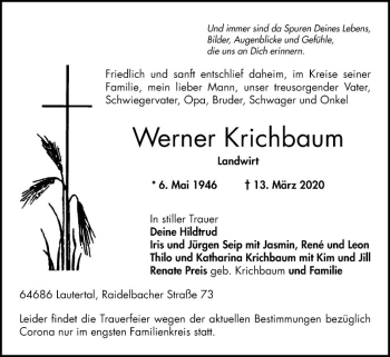 Traueranzeige von Werner Krichbaum von Bergsträßer Anzeiger