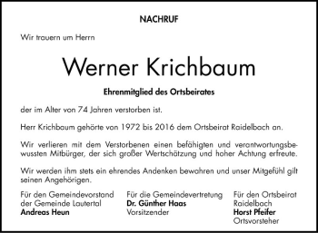 Traueranzeige von Werner Krichbaum von Bergsträßer Anzeiger