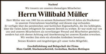 Traueranzeige von Willibald Müller von Fränkische Nachrichten