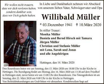 Traueranzeige von Willibald Müller von Fränkische Nachrichten