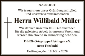 Traueranzeige von Willibald Müller von Fränkische Nachrichten