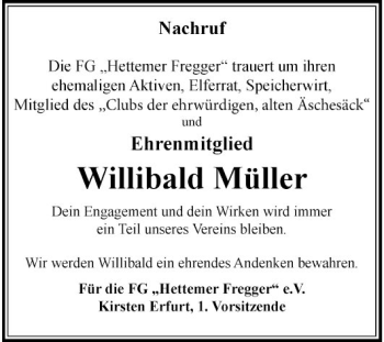 Traueranzeige von Willibald Müller von Fränkische Nachrichten