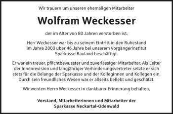 Traueranzeige von Wolfram Weckesser von Fränkische Nachrichten