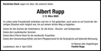 Traueranzeige von Albert Rupp von Fränkische Nachrichten