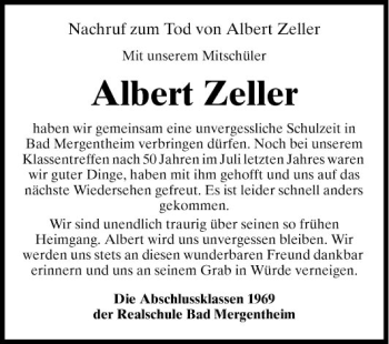 Traueranzeige von Albert Zeller von Fränkische Nachrichten