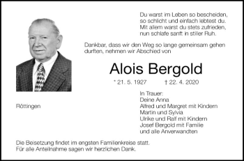 Traueranzeige von Alois Bergold von Fränkische Nachrichten